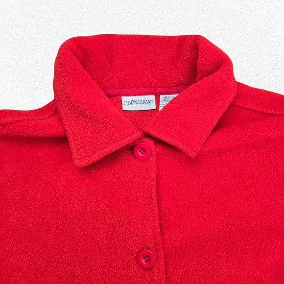 Y2K Vintage Cherry Red Collared Button Down Vibrant Fleece Jacket Size Medium - Picture 2 of 10